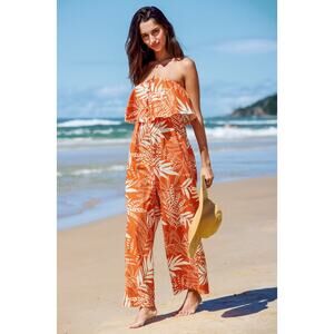 Cupshe Women's Orange Tropical Leaf Flounce Bodice Tube Top Jumpsuit Size M NWT